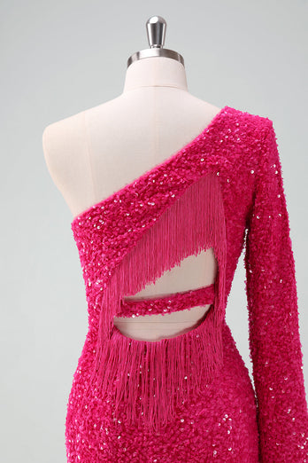 Glitzerndes fuchsia Ein Schulter Pailletten Enges kurzes Abiballkleid mit Fransen