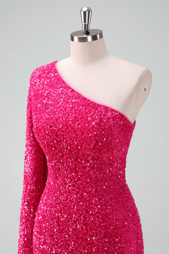 Glitzerndes fuchsia Ein Schulter Pailletten Enges kurzes Abiballkleid mit Fransen