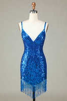 Laden Sie das Bild in den Galerie-Viewer, Glitzerndes Bodycon Spaghettiträger, Pailletten, kurzes blaues Homecoming-Kleid mit Quaste