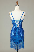 Laden Sie das Bild in den Galerie-Viewer, Glitzerndes Bodycon Spaghettiträger, Pailletten, kurzes blaues Homecoming-Kleid mit Quaste