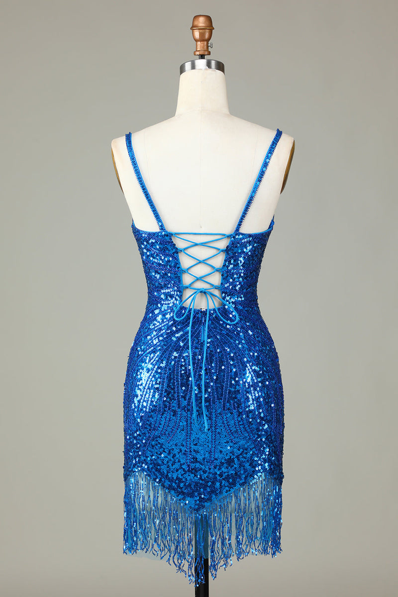 Laden Sie das Bild in den Galerie-Viewer, Glitzerndes Bodycon Spaghettiträger, Pailletten, kurzes blaues Homecoming-Kleid mit Quaste