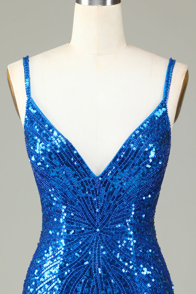 Laden Sie das Bild in den Galerie-Viewer, Glitzerndes Bodycon Spaghettiträger, Pailletten, kurzes blaues Homecoming-Kleid mit Quaste