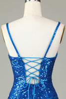Laden Sie das Bild in den Galerie-Viewer, Glitzerndes Bodycon Spaghettiträger, Pailletten, kurzes blaues Homecoming-Kleid mit Quaste