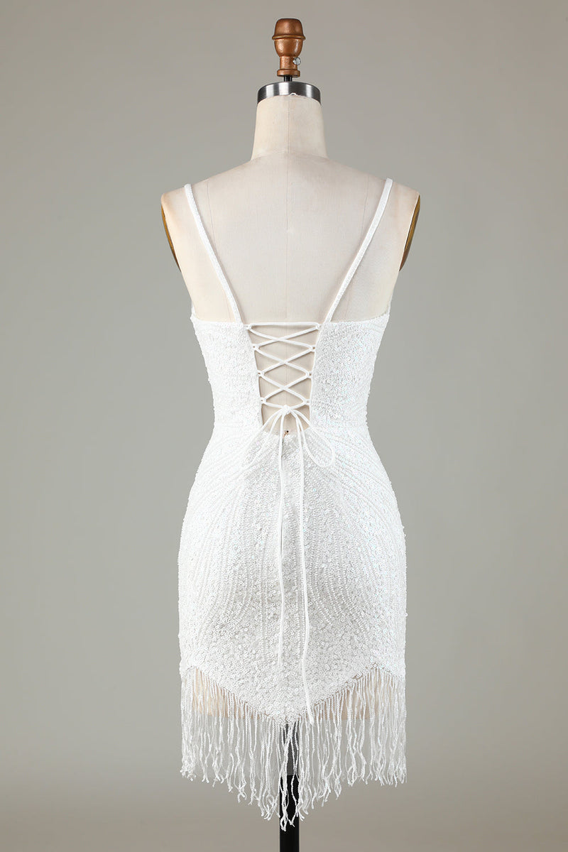 Laden Sie das Bild in den Galerie-Viewer, Glitzerndes Figurbetontes Weißes Kurzes Cocktailkleid mit Perlenstickerei