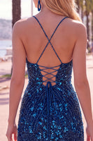 Laden Sie das Bild in den Galerie-Viewer, Glitzerndes Bodycon Spaghettiträger, Pailletten, kurzes blaues Homecoming-Kleid mit Quaste