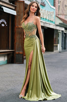 Laden Sie das Bild in den Galerie-Viewer, Grünes Meerjungfrauen Plissee Langes Korsett Satin Ballkleid mit Schlitz