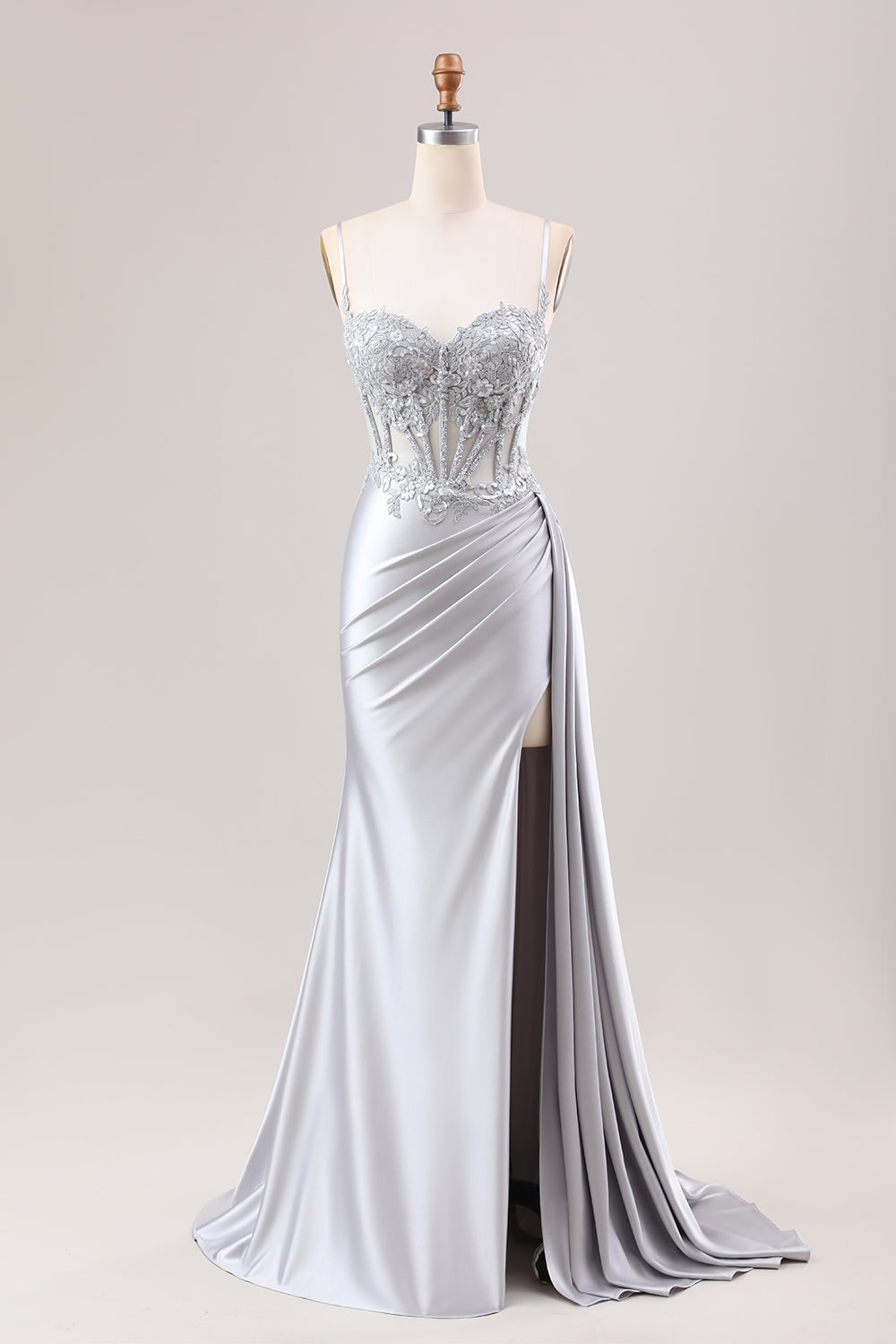Langes Silberne Meerjungfrau Plissee Korsett Satin Ballkleid mit Schlitz