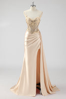 Laden Sie das Bild in den Galerie-Viewer, Grünes Meerjungfrauen Plissee Langes Korsett Satin Ballkleid mit Schlitz