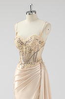 Laden Sie das Bild in den Galerie-Viewer, Grünes Meerjungfrauen Plissee Langes Korsett Satin Ballkleid mit Schlitz