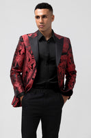 Laden Sie das Bild in den Galerie-Viewer, Peak Revers Burgunderfarbener Jacquard Herren Blazer mit einem Knopf