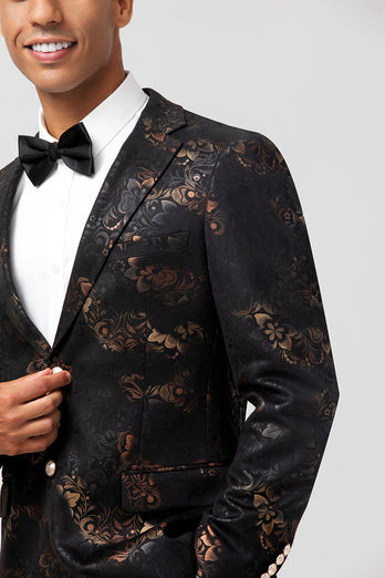 Dunkelbrauner einreihiger Herrenblazer aus Jacquard mit gekerbtem Revers