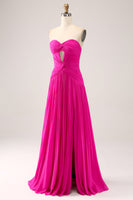 Laden Sie das Bild in den Galerie-Viewer, Fuchsia A Linie Herzausschnitt Plissee Schlüsselloch Langes Ballkleid mit Schlitz