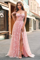 Laden Sie das Bild in den Galerie-Viewer, A-Linie V-Ausschnitt Spaghettiträger Pailletten Korsett Ballkleid mit Schlitz Blush