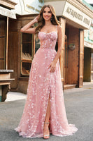 Laden Sie das Bild in den Galerie-Viewer, A-Linie V-Ausschnitt Spaghettiträger Pailletten Korsett Ballkleid mit Schlitz Blush