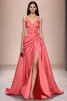 Laden Sie das Bild in den Galerie-Viewer, Dunkelblaues Spaghettiträgern Abendkleid aus Satin in A-Linie mit Schlitz