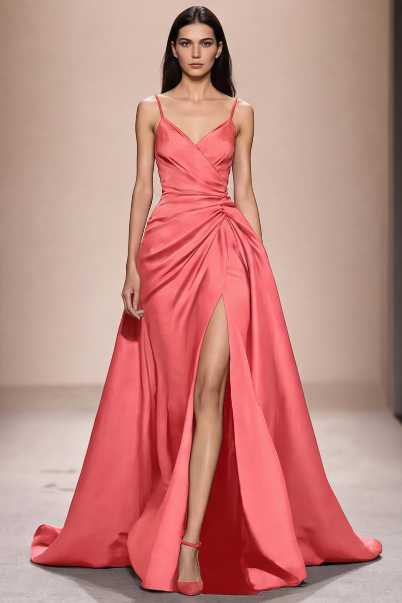 Laden Sie das Bild in den Galerie-Viewer, Dunkelblaues Spaghettiträgern Abendkleid aus Satin in A-Linie mit Schlitz