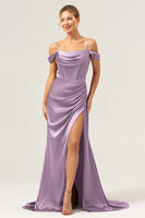 Laden Sie das Bild in den Galerie-Viewer, Kaffee Meerjungfrau Schulterkaltes Korsett Rüschen Langes Brautjungfernkleid mit Schlitz