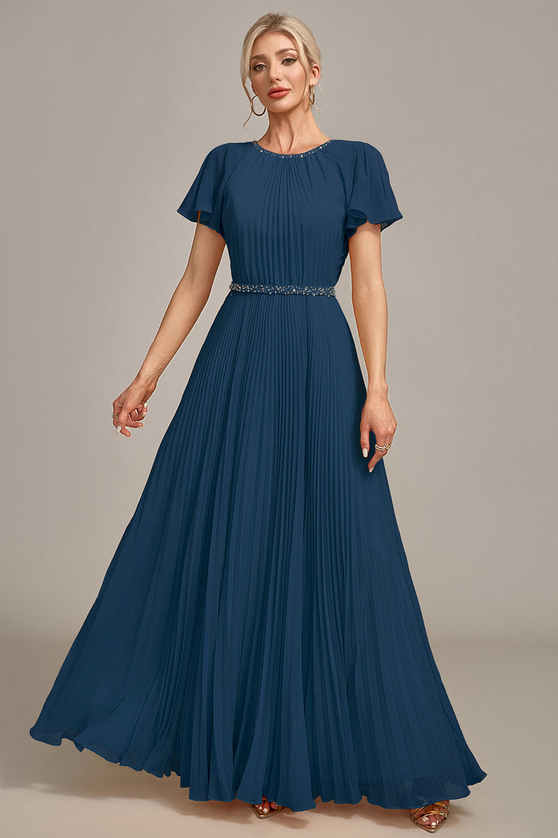 Laden Sie das Bild in den Galerie-Viewer, Marineblaues A-Linie Rundhals Plissee Chorkleid mit kurzen Ärmeln