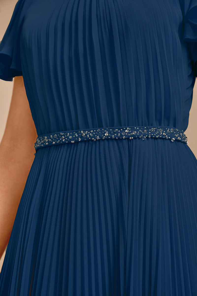 Laden Sie das Bild in den Galerie-Viewer, Marineblaues A-Linie Rundhals Plissee Chorkleid mit kurzen Ärmeln