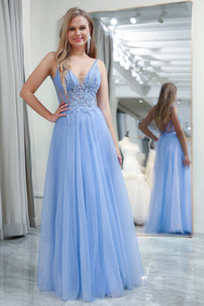 Hellblaues A-Linie Kleid aus Tüll mit V-Ausschnitt und Applikationen