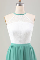 Laden Sie das Bild in den Galerie-Viewer, Eukalyptus A Linie gestuftes langes Brautjungfernkleid mit Rüschen und Spitze