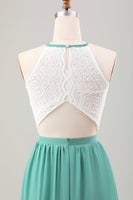 Laden Sie das Bild in den Galerie-Viewer, Eukalyptus A Linie gestuftes langes Brautjungfernkleid mit Rüschen und Spitze