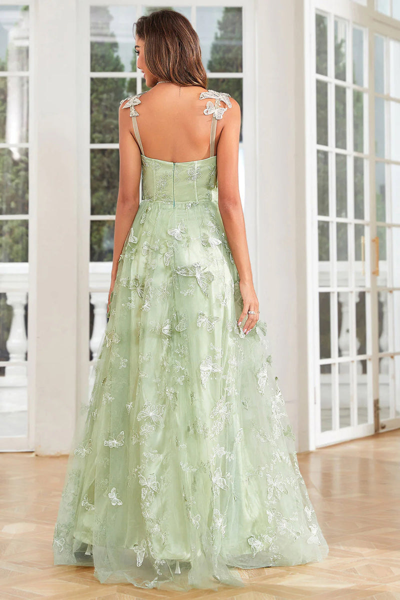 Laden Sie das Bild in den Galerie-Viewer, Lila A-Linie Korsett Langes AbschlussballKleid mit 3D-Schmetterlingen