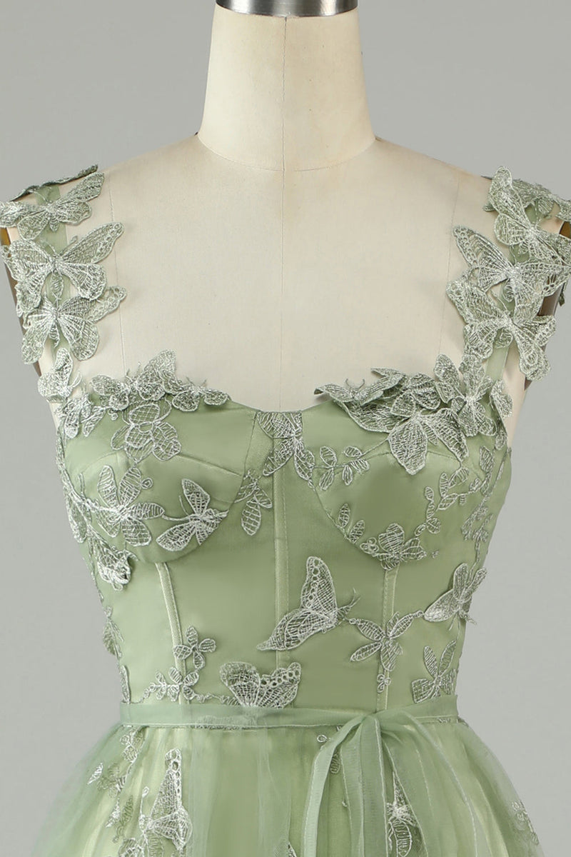 Laden Sie das Bild in den Galerie-Viewer, Lila A-Linie Korsett Langes AbschlussballKleid mit 3D-Schmetterlingen