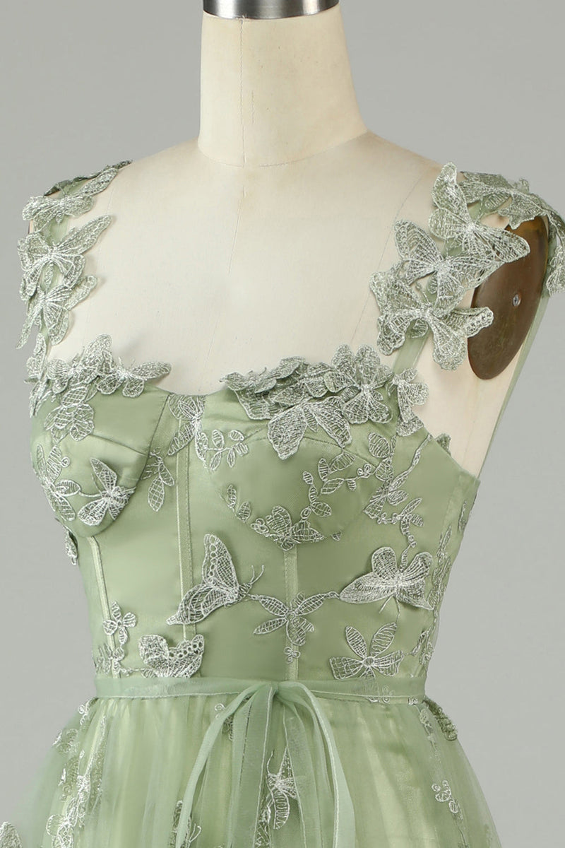 Laden Sie das Bild in den Galerie-Viewer, Lila A-Linie Korsett Langes AbschlussballKleid mit 3D-Schmetterlingen