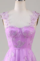Laden Sie das Bild in den Galerie-Viewer, Lila A-Linie Korsett Langes AbschlussballKleid mit 3D-Schmetterlingen