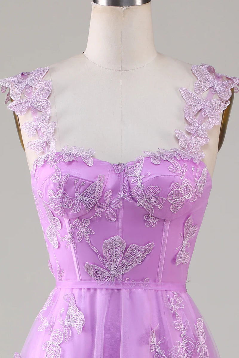 Laden Sie das Bild in den Galerie-Viewer, Lila A-Linie Korsett Langes AbschlussballKleid mit 3D-Schmetterlingen