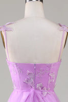 Laden Sie das Bild in den Galerie-Viewer, Lila A-Linie Korsett Langes AbschlussballKleid mit 3D-Schmetterlingen