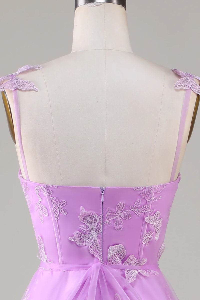 Laden Sie das Bild in den Galerie-Viewer, Lila A-Linie Korsett Langes AbschlussballKleid mit 3D-Schmetterlingen