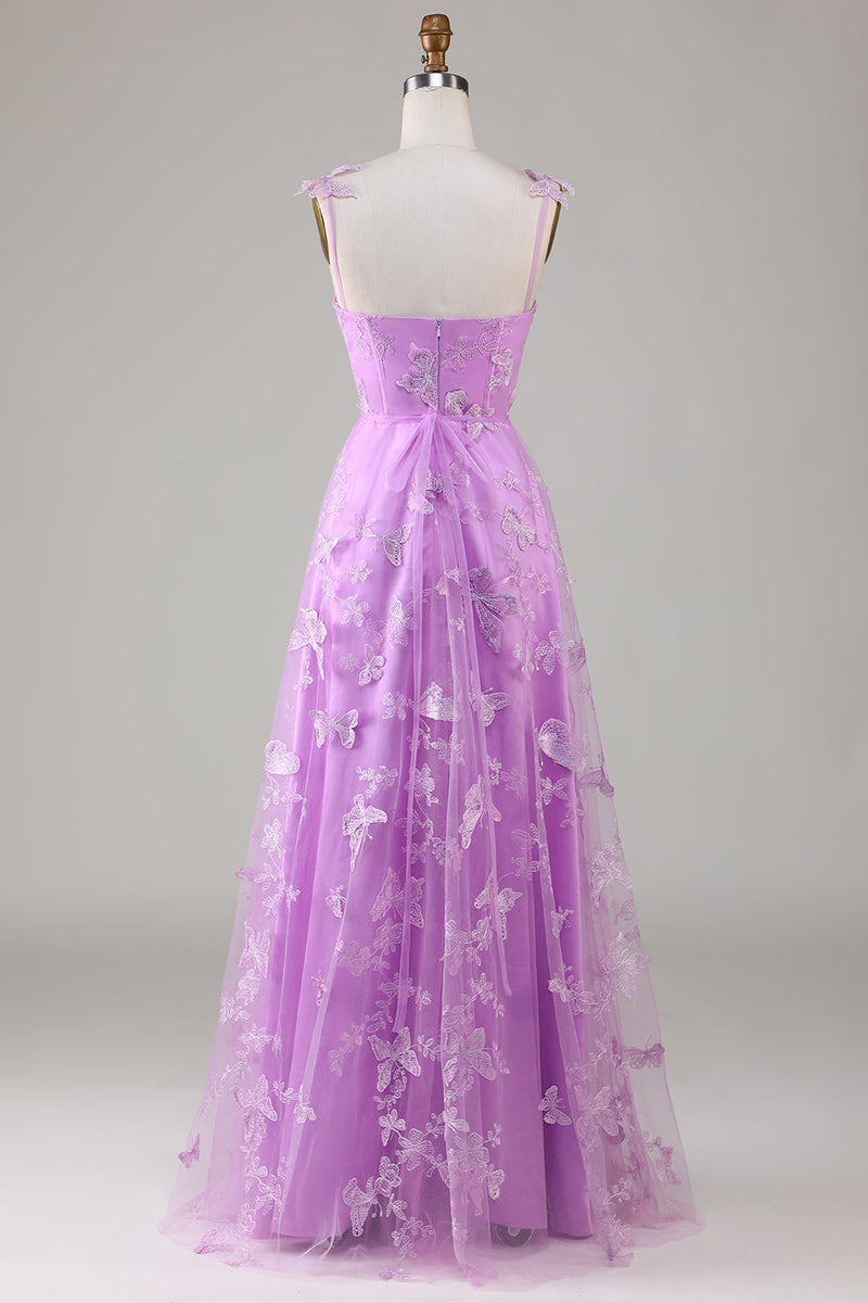 Laden Sie das Bild in den Galerie-Viewer, Lila A-Linie Korsett Langes AbschlussballKleid mit 3D-Schmetterlingen
