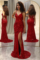 Laden Sie das Bild in den Galerie-Viewer, Glitter Pailletten Rotes Korsett Ballkleid mit Schlitz