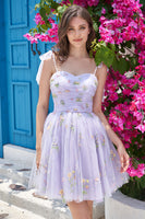 Laden Sie das Bild in den Galerie-Viewer, Graublau Kurzes A-Linie Abschlussballkleid mit Stickerei