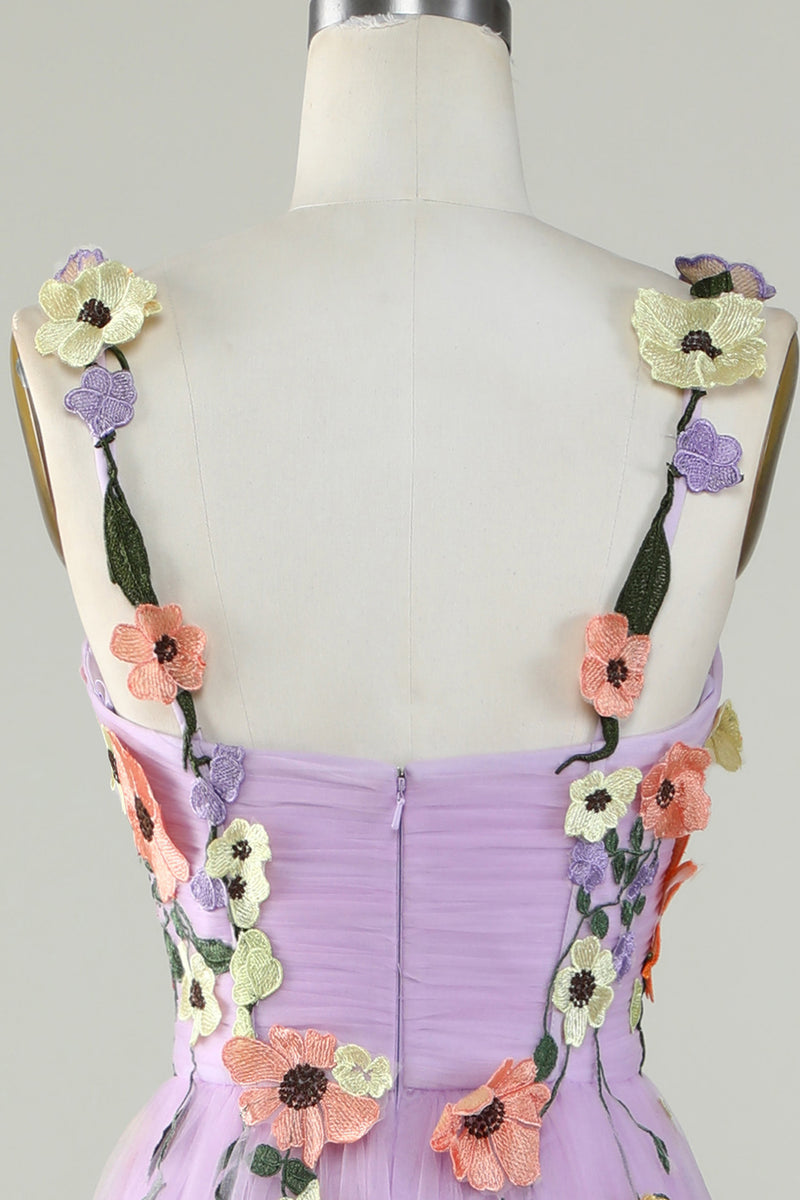 Laden Sie das Bild in den Galerie-Viewer, Lila Spaghetti Träger Ballkleid mit 3D Blumen