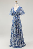 Laden Sie das Bild in den Galerie-Viewer, Dunkelgrünes A Linie Burnout Samt Langes Ballkleid mit kurzen Ärmeln