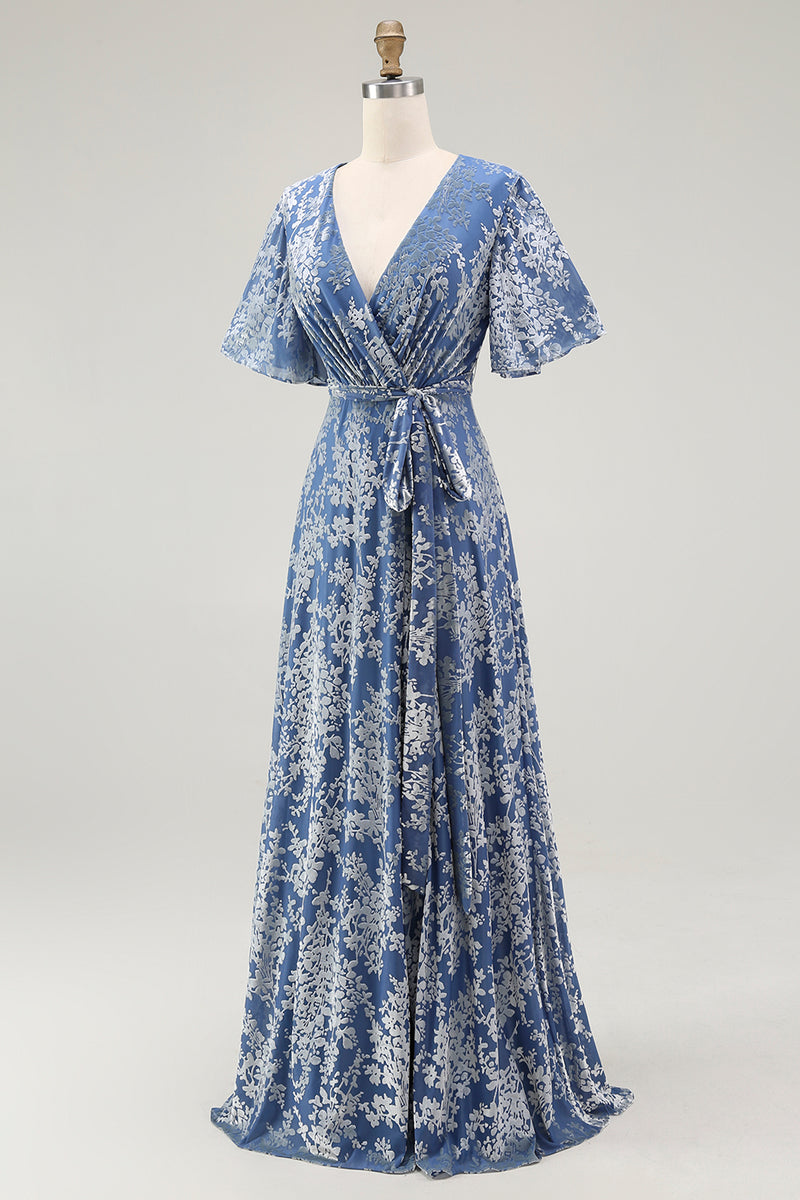 Laden Sie das Bild in den Galerie-Viewer, Dunkelgrünes A Linie Burnout Samt Langes Ballkleid mit kurzen Ärmeln