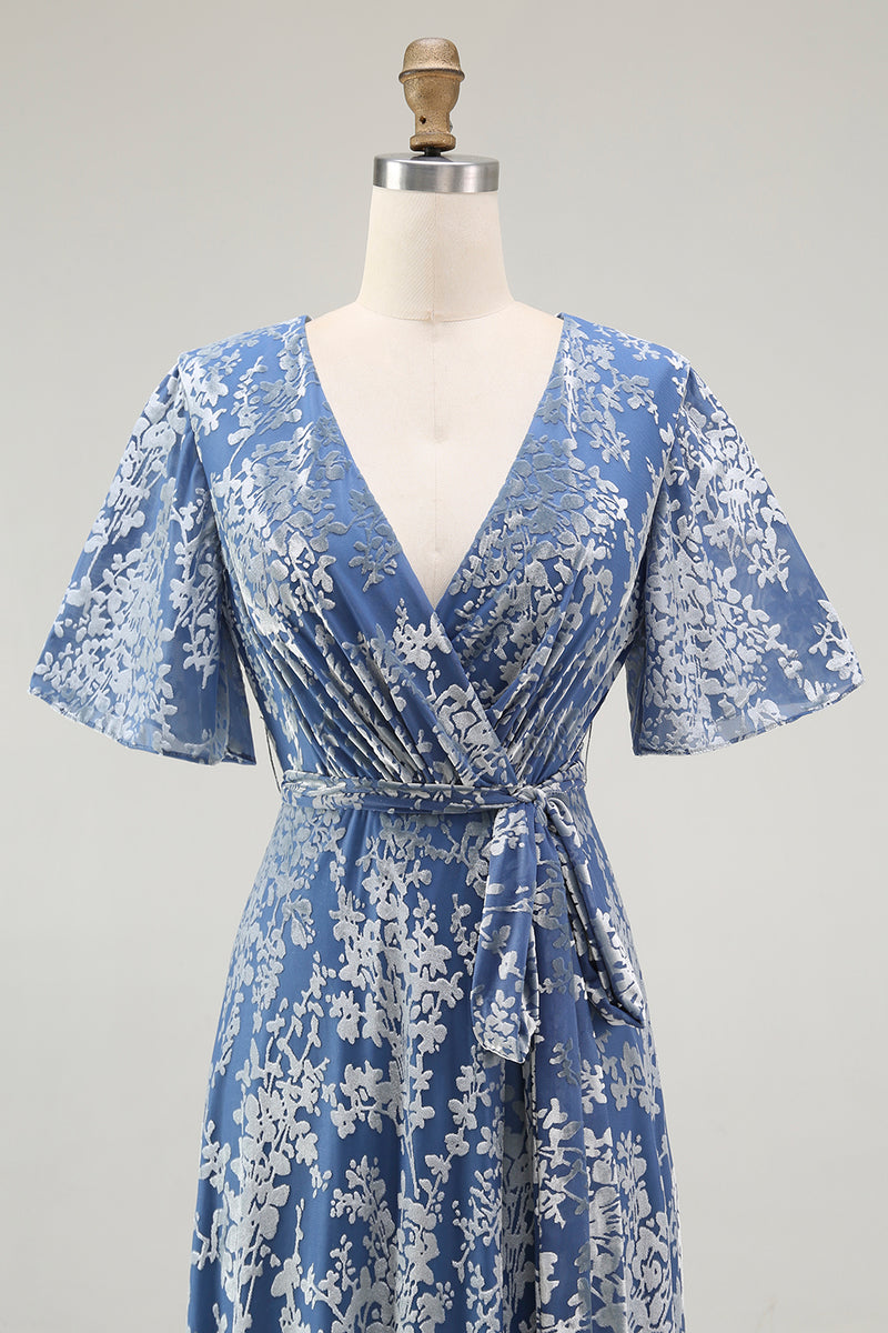 Laden Sie das Bild in den Galerie-Viewer, Dunkelgrünes A Linie Burnout Samt Langes Ballkleid mit kurzen Ärmeln