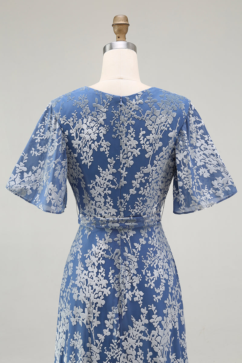 Laden Sie das Bild in den Galerie-Viewer, Dunkelgrünes A Linie Burnout Samt Langes Ballkleid mit kurzen Ärmeln