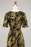 Laden Sie das Bild in den Galerie-Viewer, Dunkelgrünes A Linie Burnout Samt Langes Ballkleid mit kurzen Ärmeln