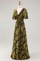 Laden Sie das Bild in den Galerie-Viewer, Dunkelgrünes A Linie Burnout Samt Langes Ballkleid mit kurzen Ärmeln