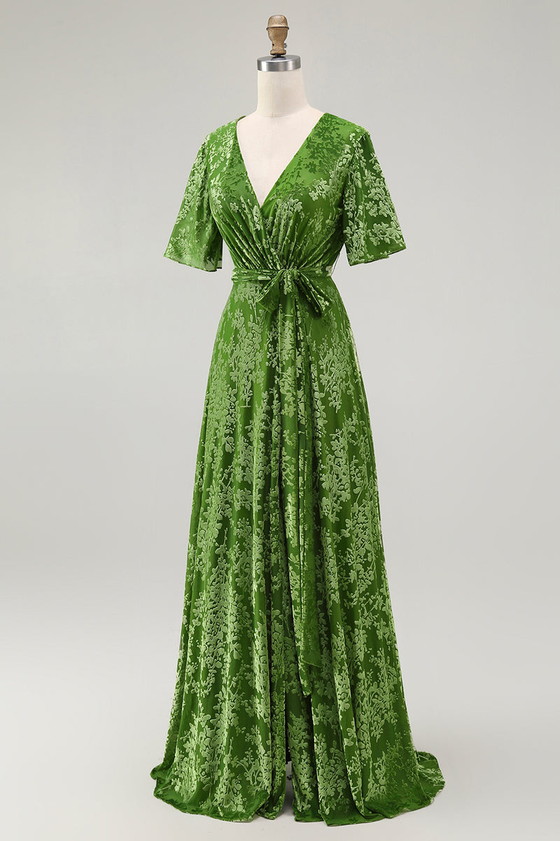 Laden Sie das Bild in den Galerie-Viewer, Dunkelgrünes A Linie Burnout Samt Langes Ballkleid mit kurzen Ärmeln