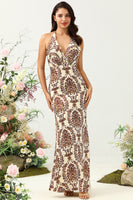 Laden Sie das Bild in den Galerie-Viewer, Meerjungfrau bedruckt braunes langes Brautjungfernkleid