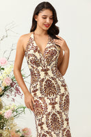 Laden Sie das Bild in den Galerie-Viewer, Meerjungfrau bedruckt braunes langes Brautjungfernkleid