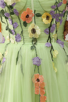 Laden Sie das Bild in den Galerie-Viewer, A Linie Spaghetti Träger Grün Kurzes Abschlussballkleid mit Applikationen