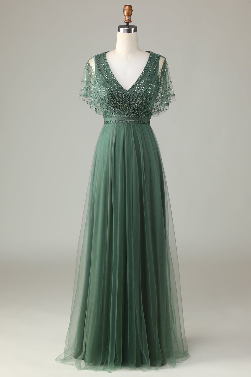 Laden Sie das Bild in den Galerie-Viewer, Grünes A-Linie Tüll V-Ausschnitt Langes Chorkleid mit Perlen