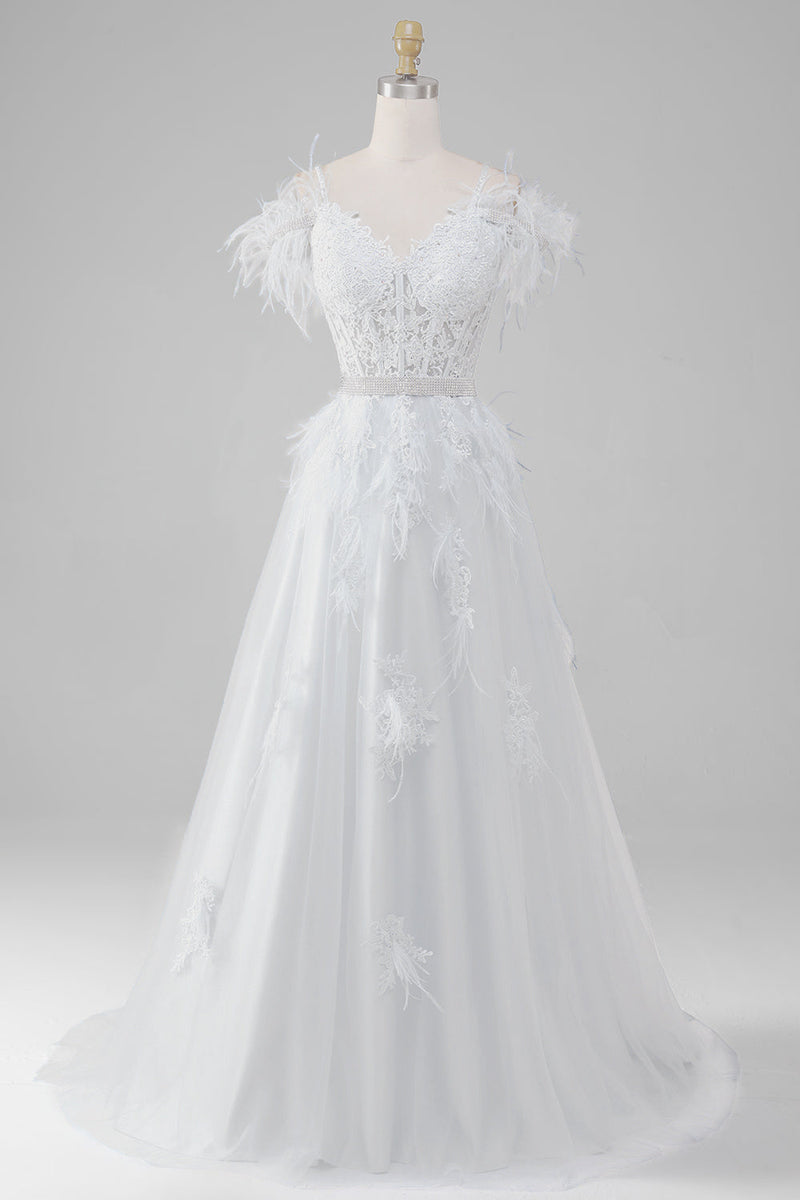 Laden Sie das Bild in den Galerie-Viewer, Strass Akzente Weißes Korsett Brautkleid mit Applikationen
