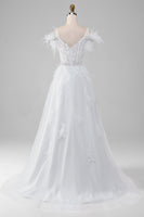 Laden Sie das Bild in den Galerie-Viewer, Strass Akzente Weißes Korsett Brautkleid mit Applikationen